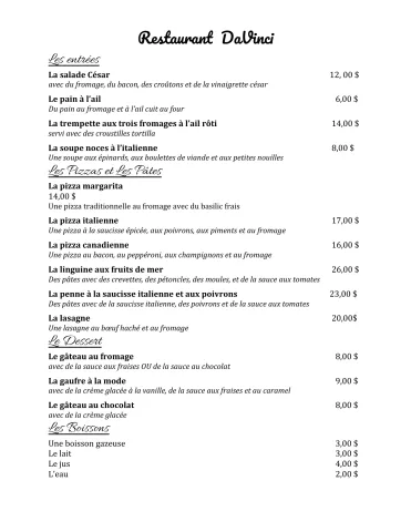 Commander d'un menu - Restaurant DaVinci - activité d'écoute et d'interaction orale