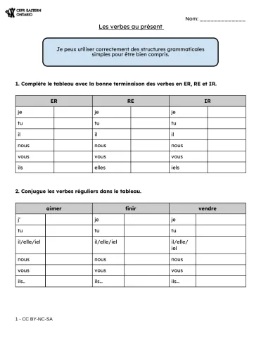 Les verbes au présent (ER, IR, RE) – exercices