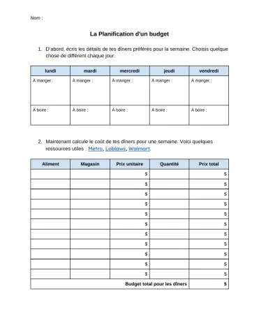 La planification d'un budget - Fiche élève