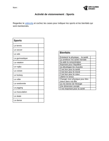 Les bienfaits des sports - Activité de visionnement 2