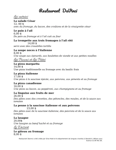 Commander d'un menu - Restaurant DaVinci - activité d'écoute et d'interaction orale