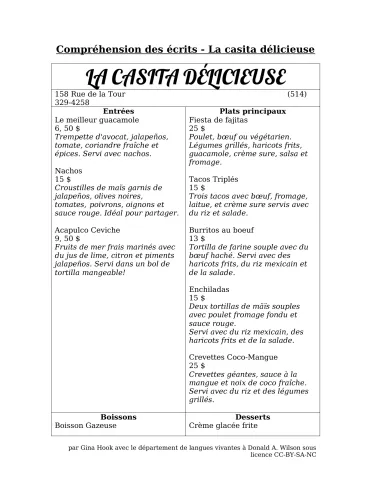 Commander d'un menu - La casita délicieuse - une activité de lecture et d'interaction orale