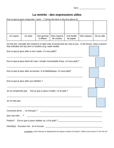 La rentrée ! - Des expressions utiles (student worksheet)