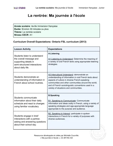 La rentrée: Ma journée scolaire
